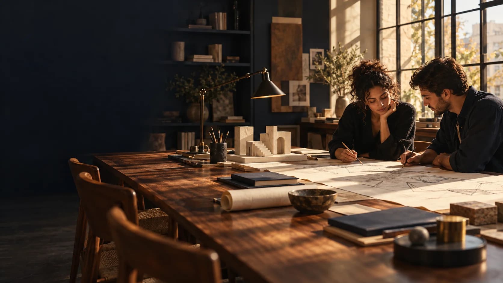 Creative professionals studying a project in a sunlit studio