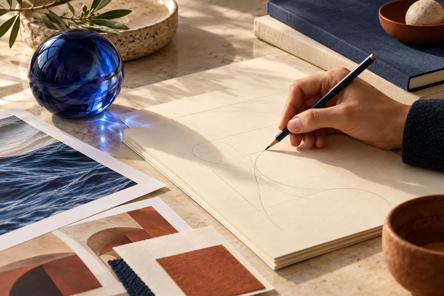 Illustrative human document review beside a cobalt glass orb