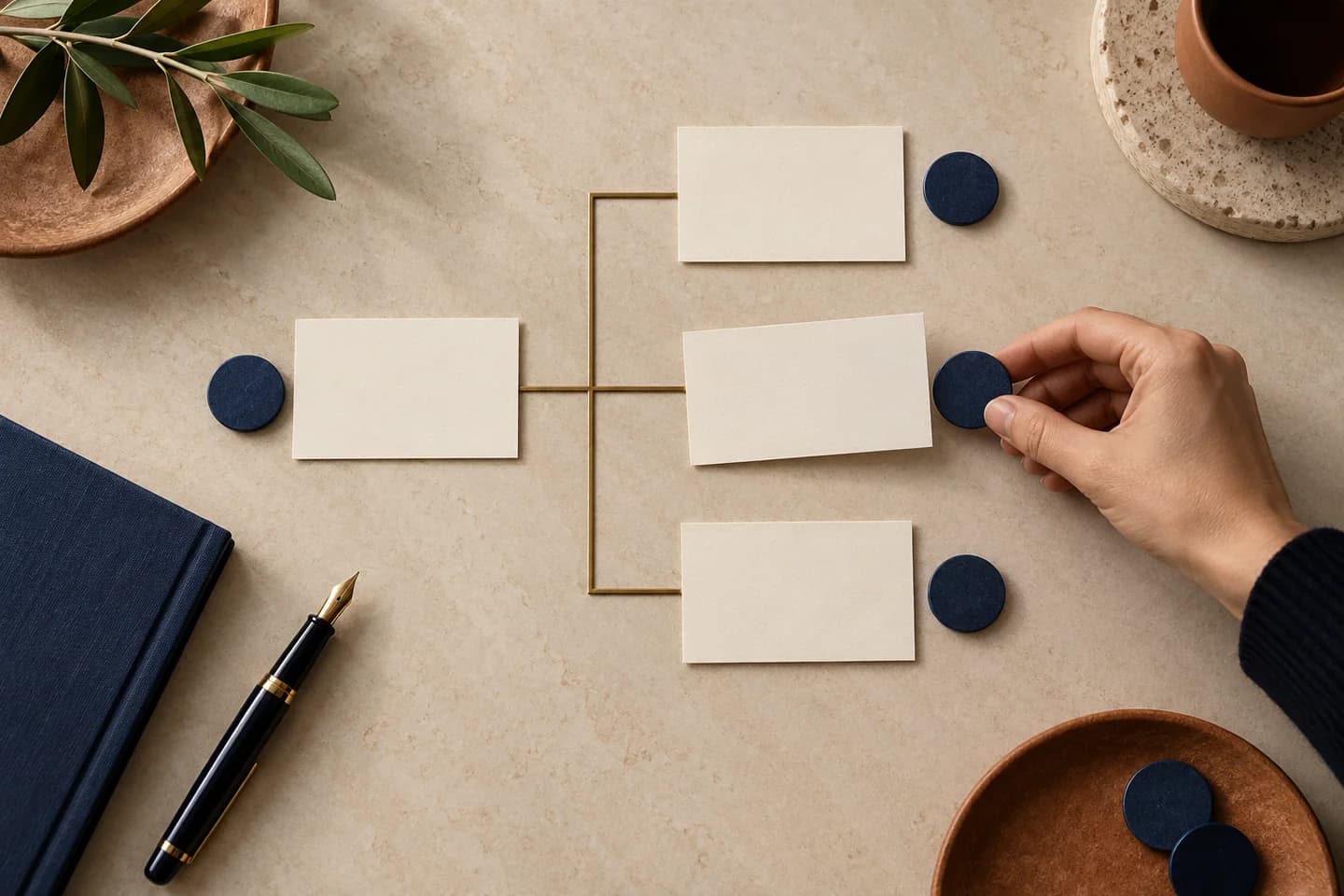 Illustrative blank cards in a branching arrangement with navy tokens and a hand selecting a card