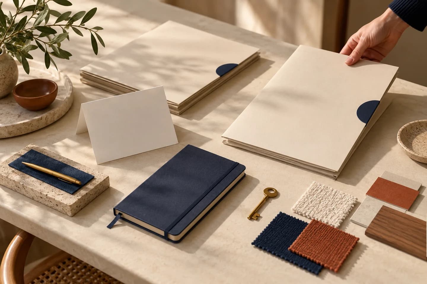 Illustrative welcome kit with folders and a notebook