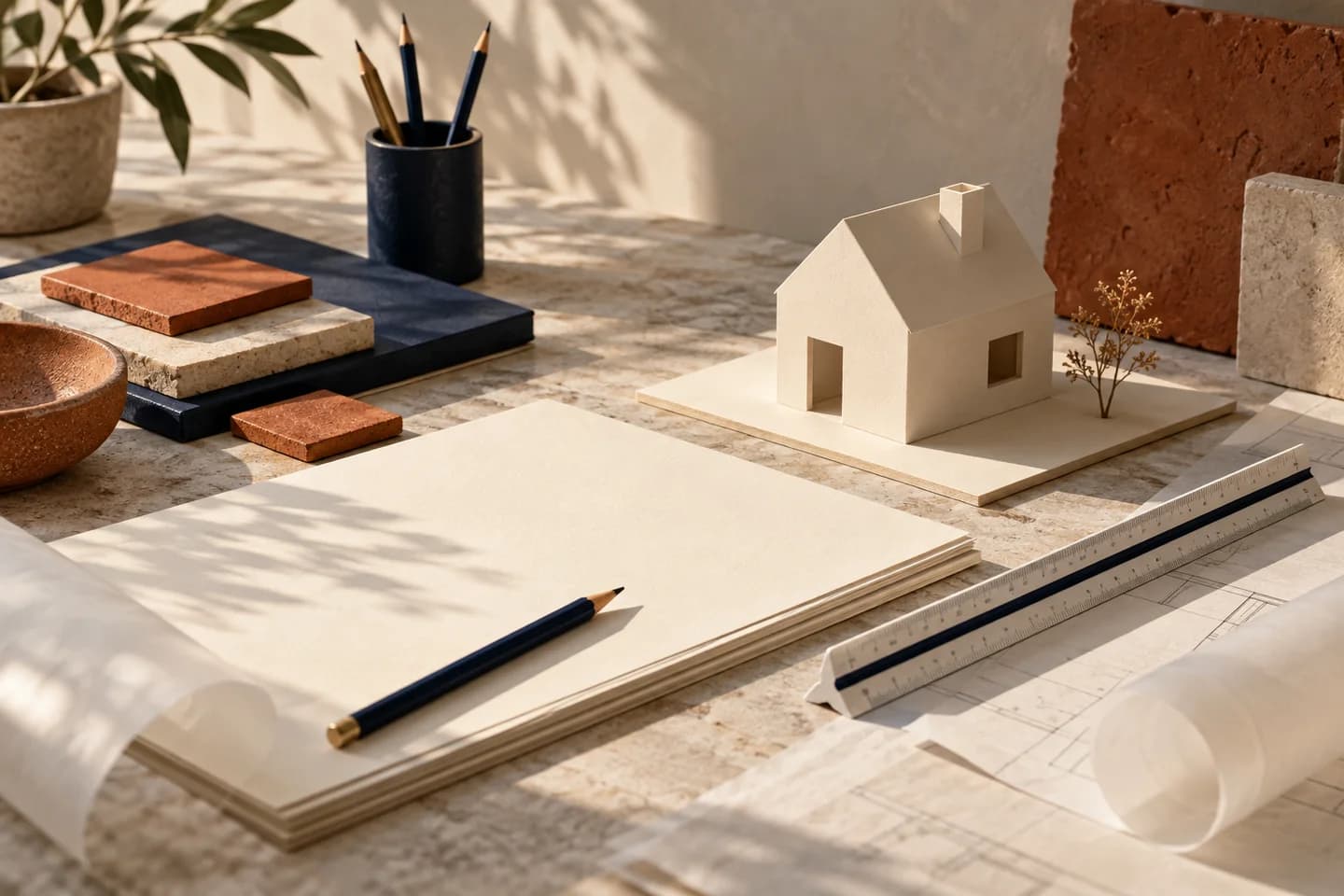 Illustrative planning desk with blank brief pages, tracing paper and a small architectural model
