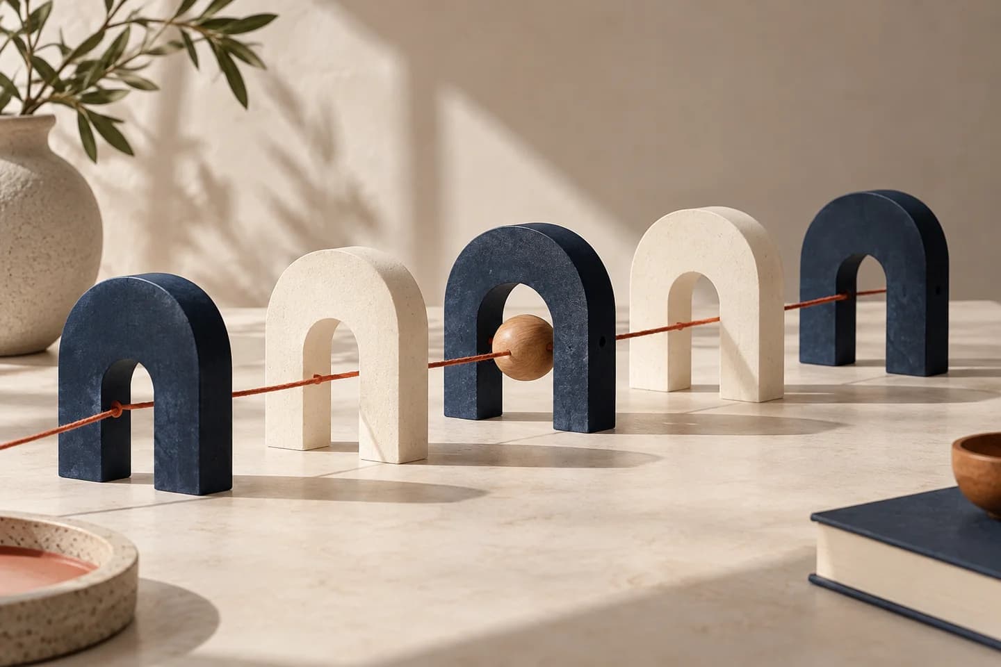 Illustrative sequence of arches and a wooden ball