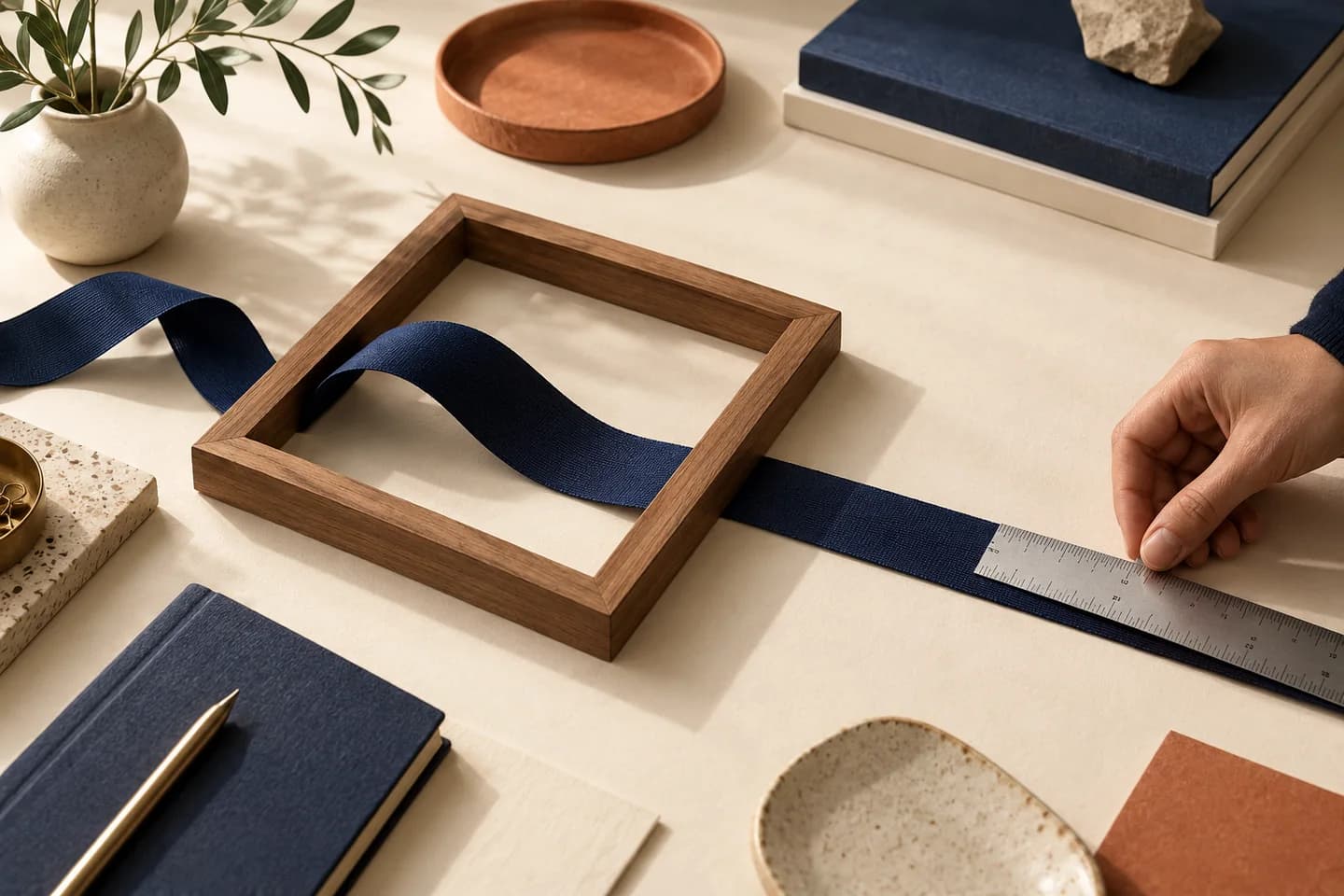 Illustrative navy ribbon extending outside a wooden frame while a hand measures its length
