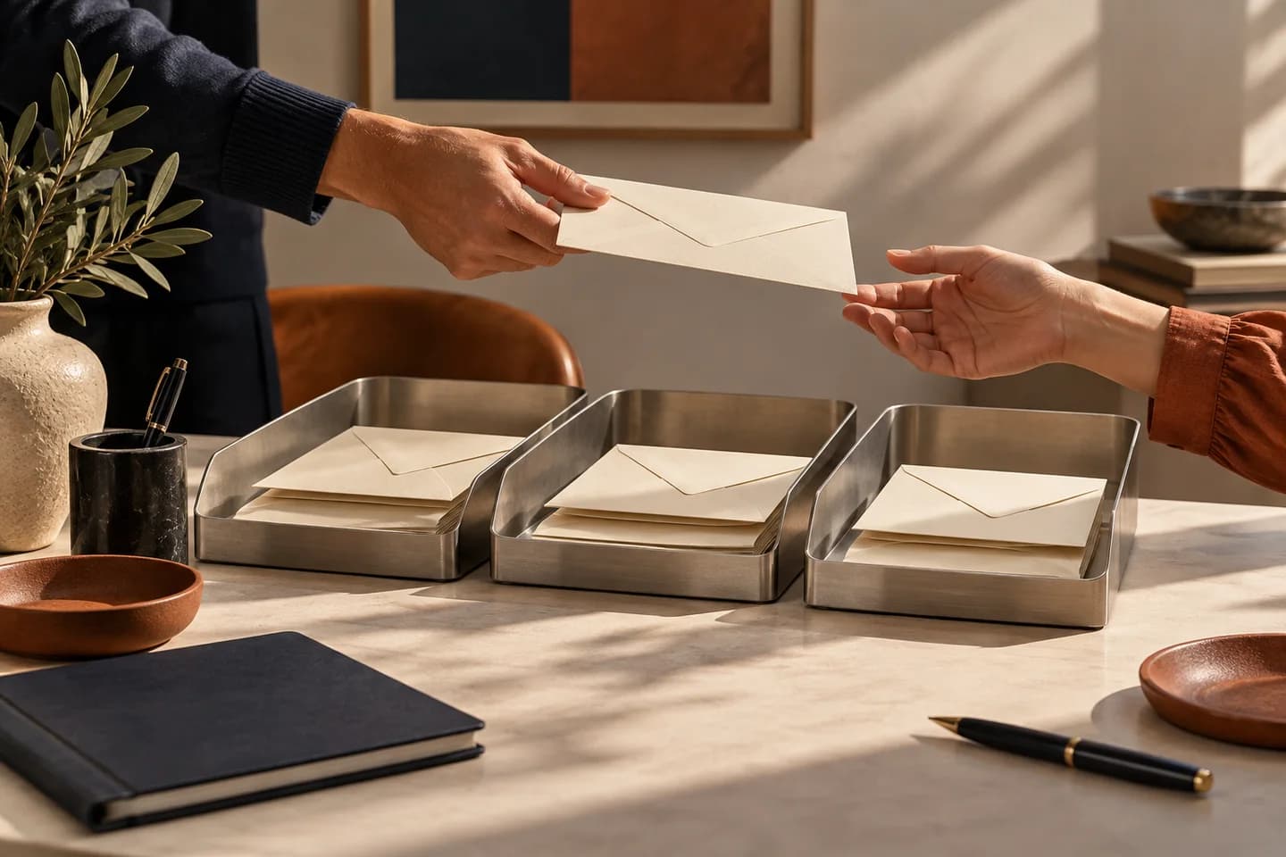 Illustrative envelopes sorted into letter trays with a hand passing one to a teammate