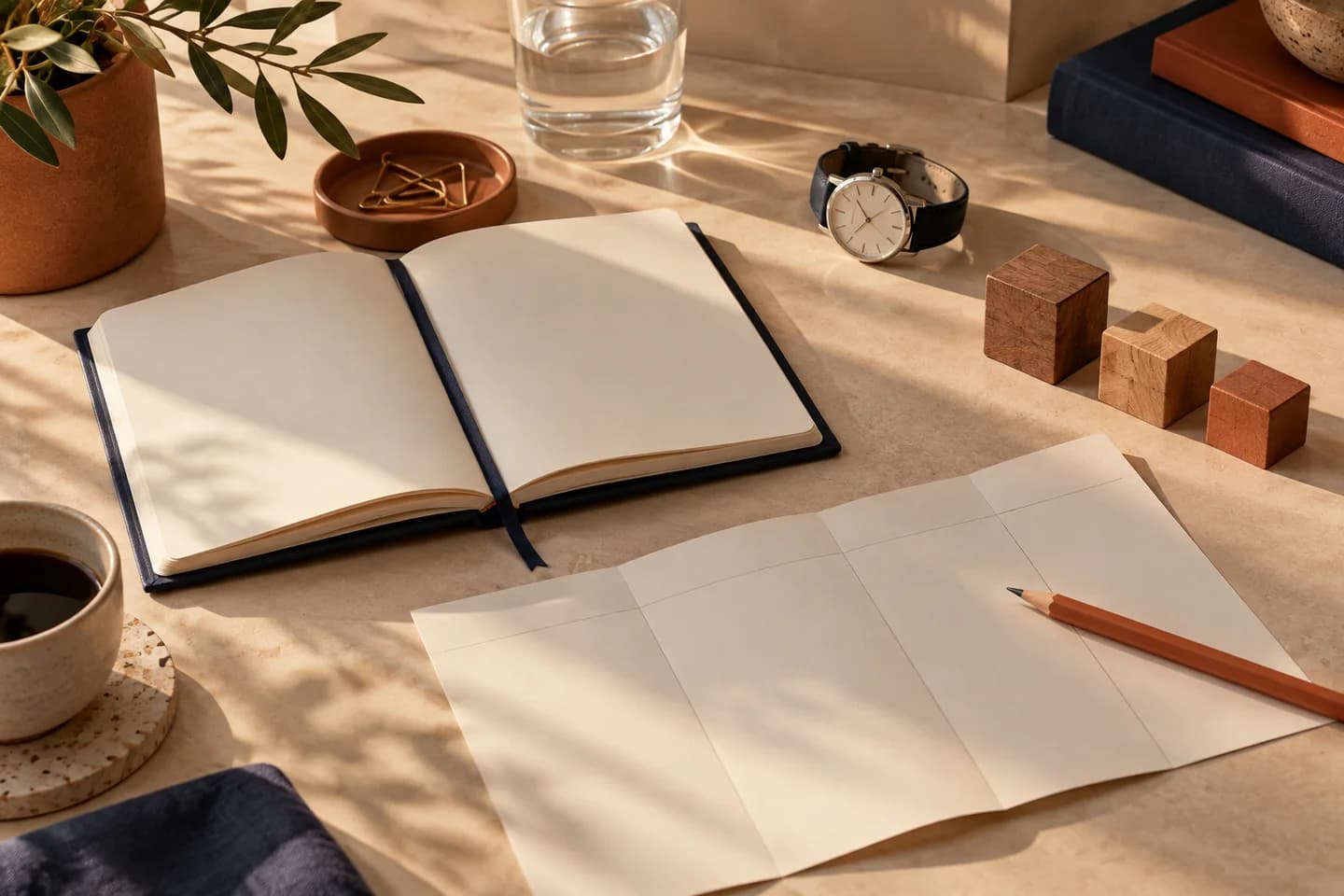 Illustrative notebook, watch and wooden blocks arranged for a quiet planning review