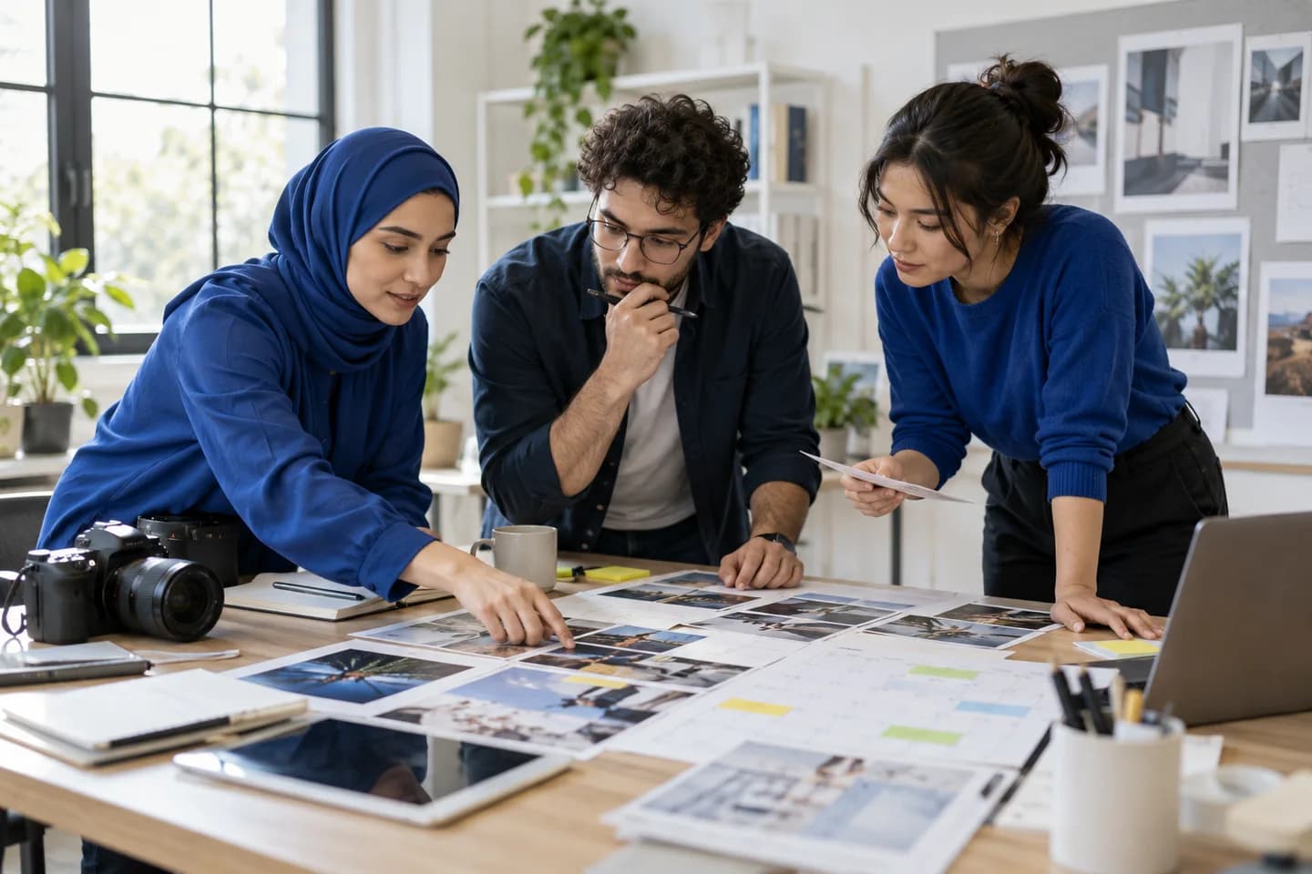 Illustrative marketing team planning a campaign around a table
