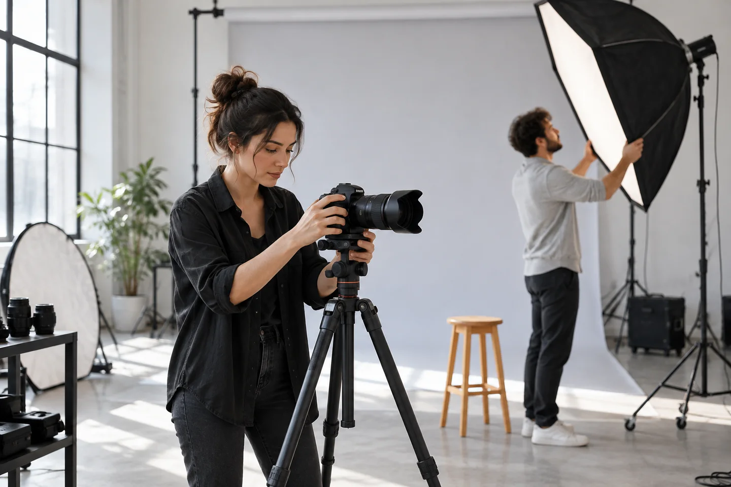 Illustrative photographer preparing equipment in a portrait studio