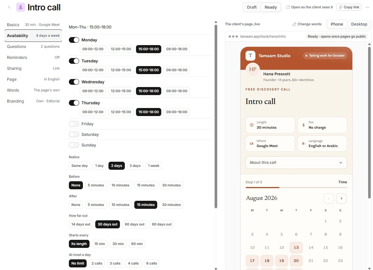 Booking editor Availability tab with weekly hours, overrides, buffers, notice and booking window