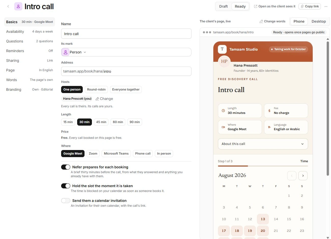 Booking editor Basics tab beside the visitor preview