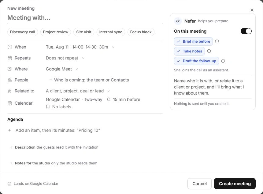 New meeting dialog with kind, When, Repeats, Where, People, related work and Nefer controls