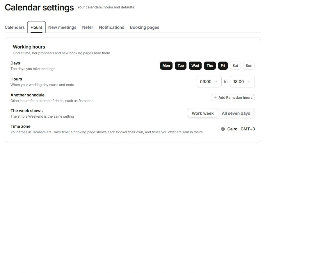 Calendar settings Hours tab with working days, hours, alternate hours and time zone