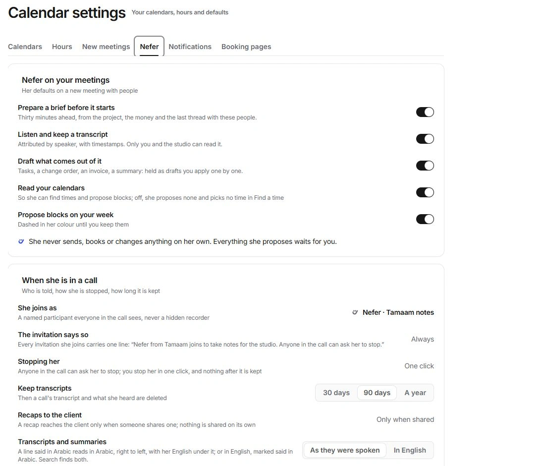 Calendar settings Nefer tab with preparation, listening, follow-up and transcript controls