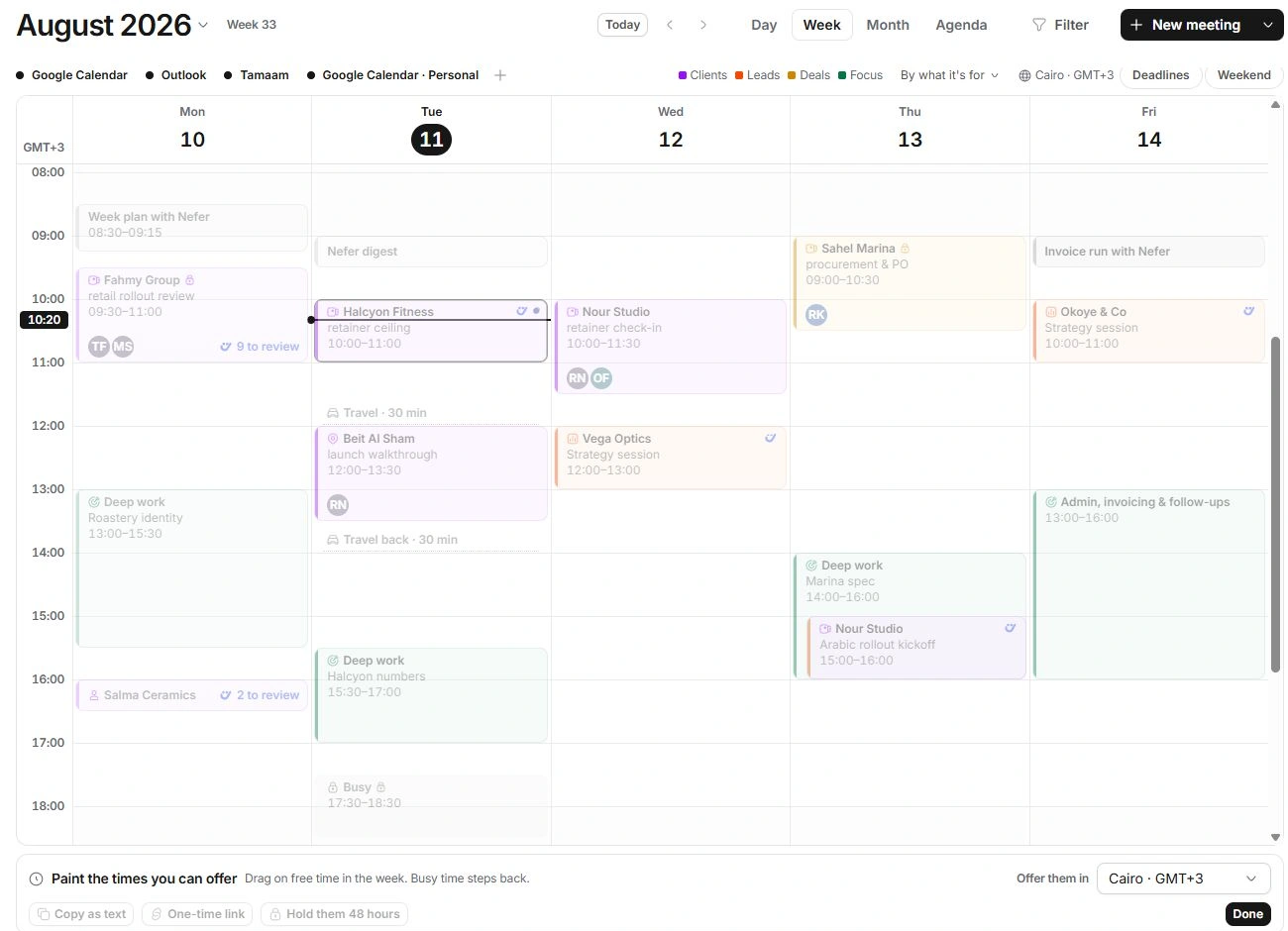 Calendar in Share availability mode with the Times to offer tray and hold option