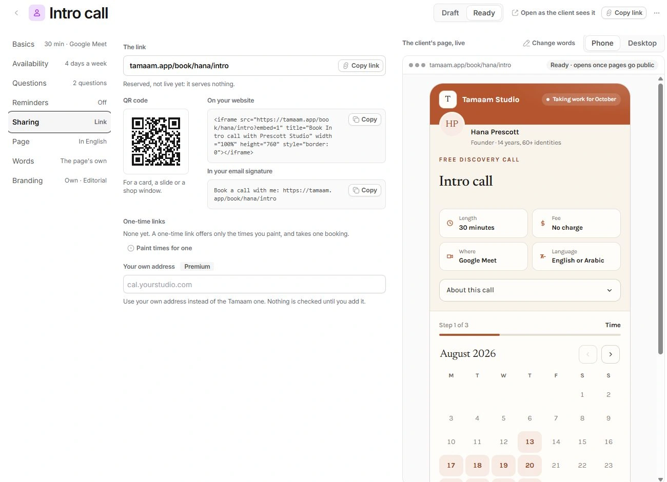 Booking editor Sharing tab with reserved link, QR code, embed and signature options