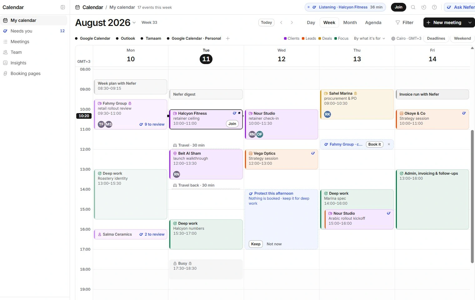 Calendar week with colored event blocks, source visibility controls and sidebar destinations