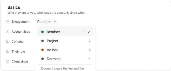 Client engagement picker showing Retainer, Project, Ad hoc and Dormant