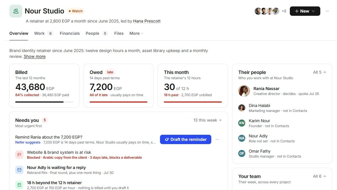 Client Overview with billed, owed, monthly retainer usage and needs-you decisions