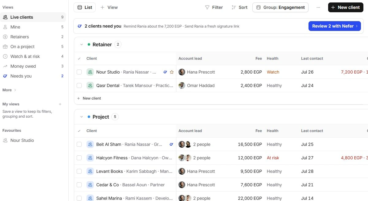 Clients list grouped by engagement with health, account lead and overdue columns
