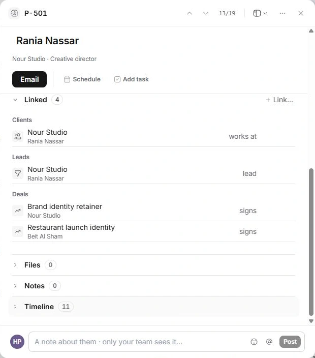 Contact record showing linked clients, leads, deals and internal note controls