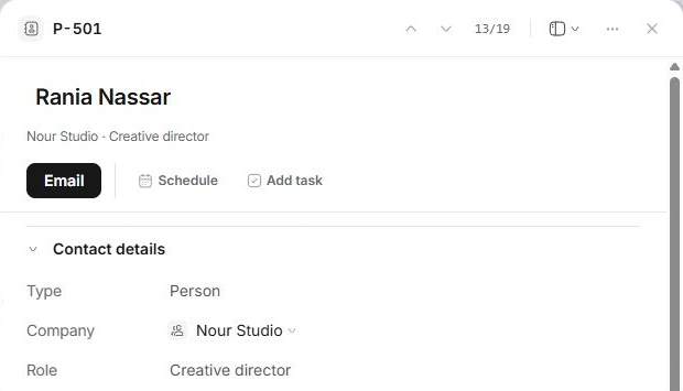 Person record header with company, role and email, meeting and task actions