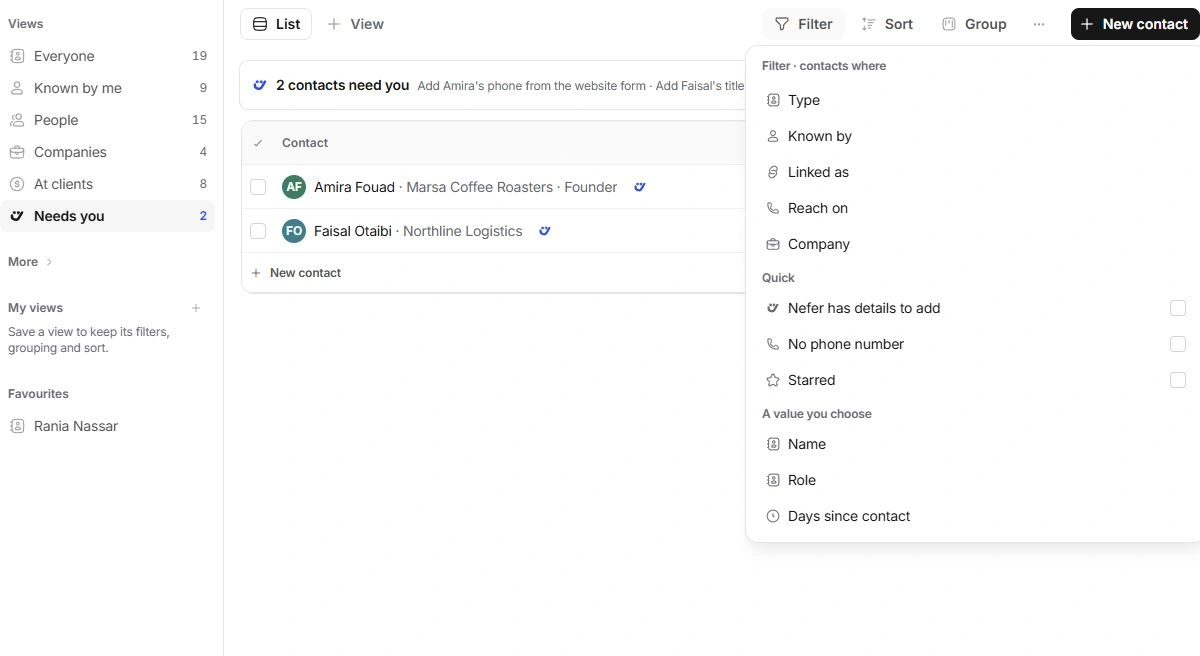 Contacts filter panel with type, known-by, linked-as, reach and company controls