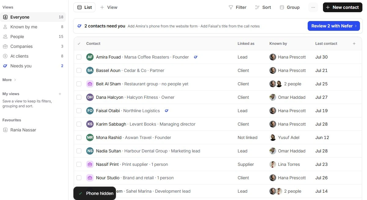 Contacts directory with people, companies, relationship labels and known-by columns