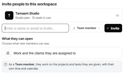 Invitation sheet showing email entry, Team member role, Invite and access explanation