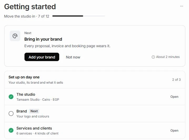 Getting started progress, Bring in your brand action, Not now and the day-one setup group