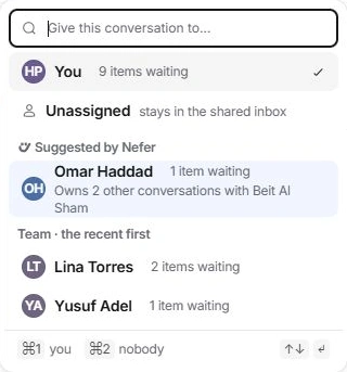 Conversation owner picker showing waiting work and suggested teammate