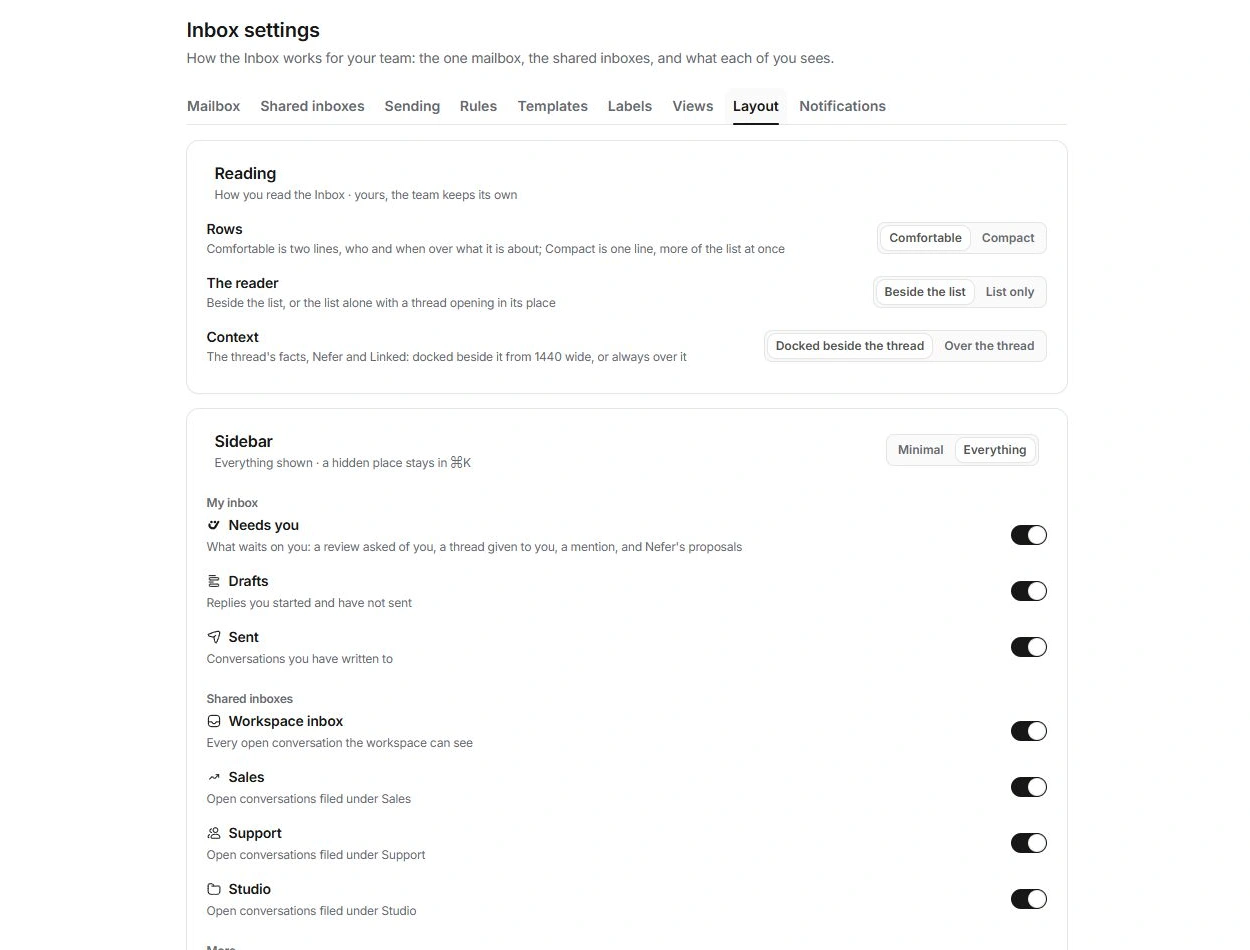 Inbox Layout settings with reading, context and sidebar preferences