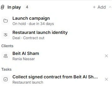 Conversation context In play section with linked client, deal and task