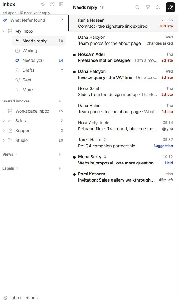 Inbox sidebar and conversation queue with attention labels and reply deadlines