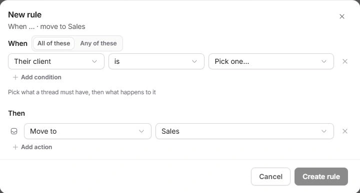 New rule dialog with all or any conditions and action controls