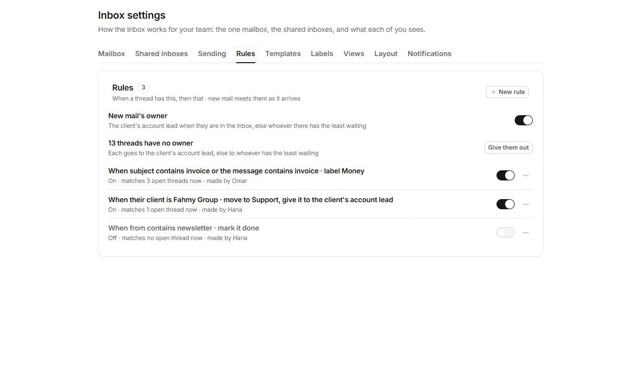 Inbox settings Rules tab with owner distribution and matching-rule summaries