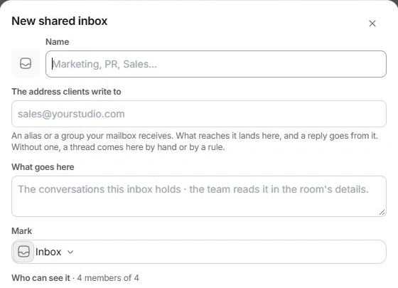 New shared inbox form with name, routing-address field, purpose and mark