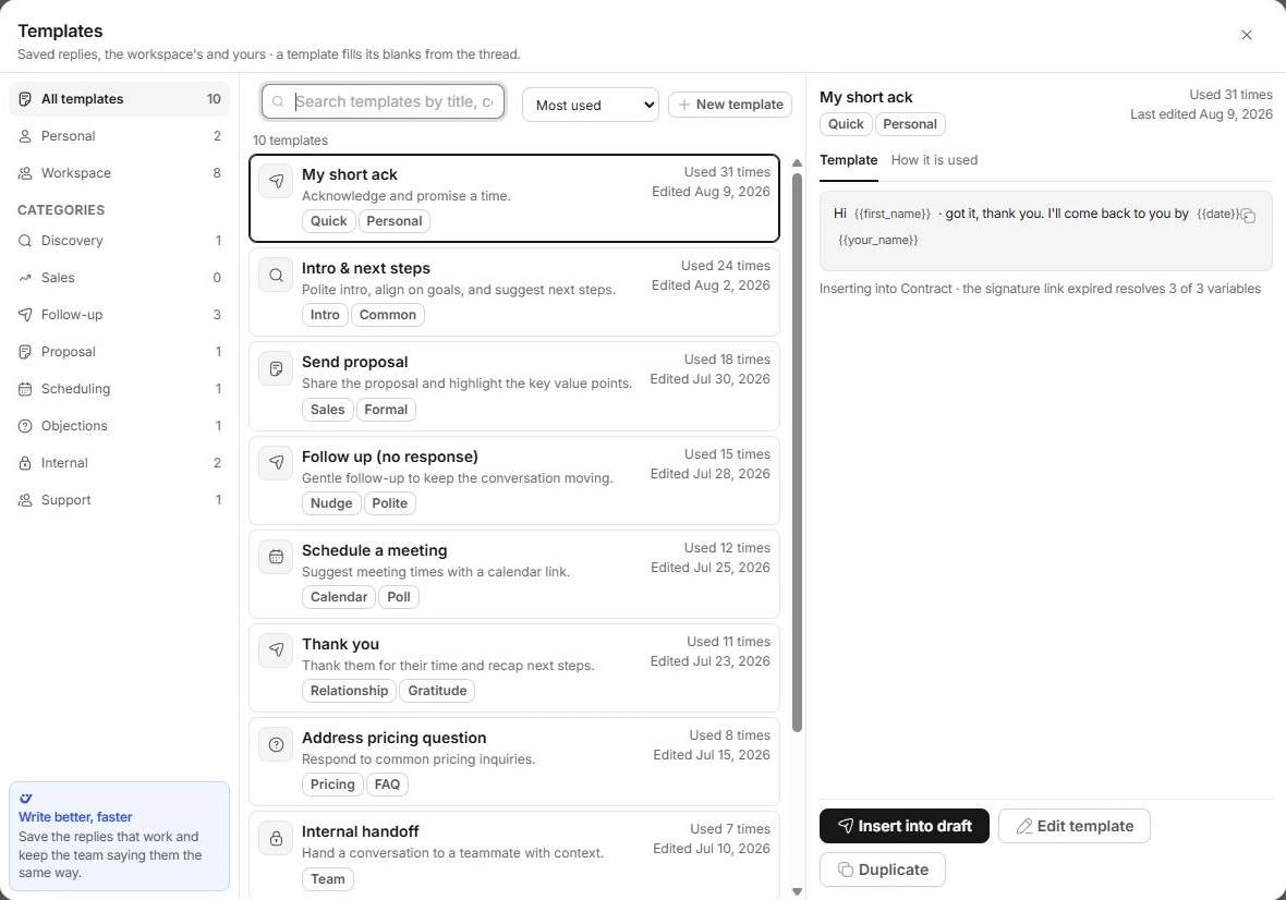 Templates browser with categories, search, saved replies, variables and Insert into draft