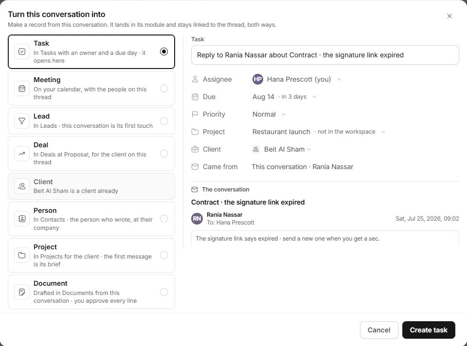 Turn this conversation into dialog with record types and editable task details