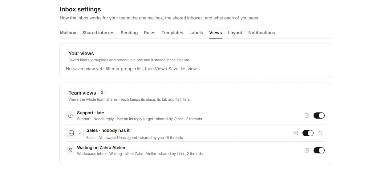 Inbox Views settings with personal and team view controls