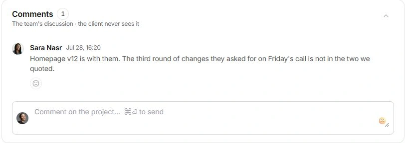 Project Comments section with an internal discussion and message composer