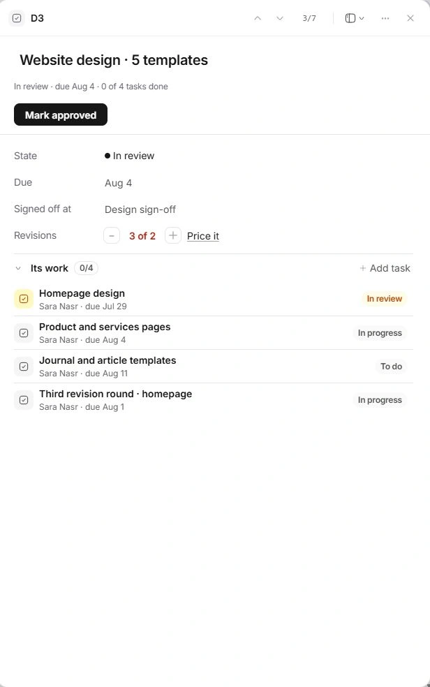 Deliverable drawer with approval action, milestone, revisions and its tasks