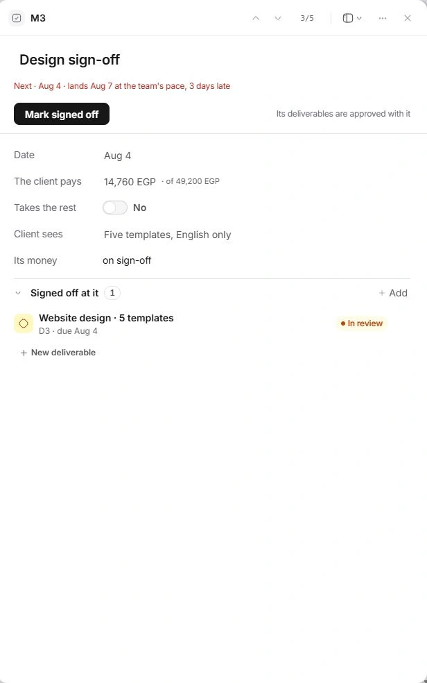 Milestone detail drawer with sign-off, date, payment and attached deliverables