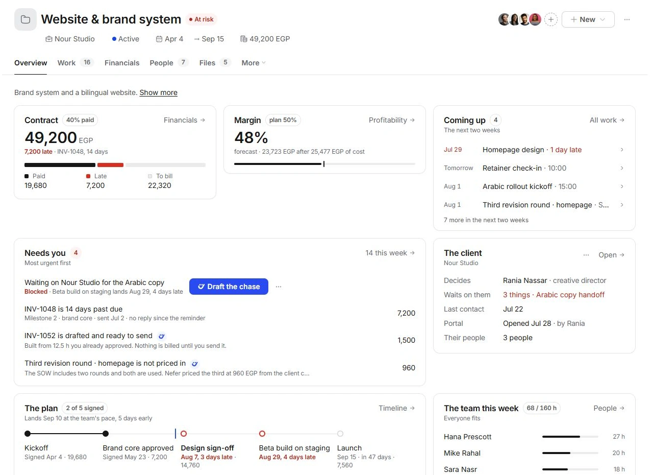 Project Overview with contract, needs-you decisions, client context and milestones