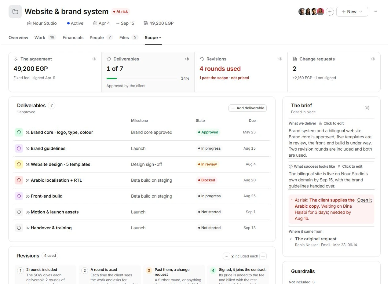 Project Scope with agreement, deliverables, revisions and brief guardrails