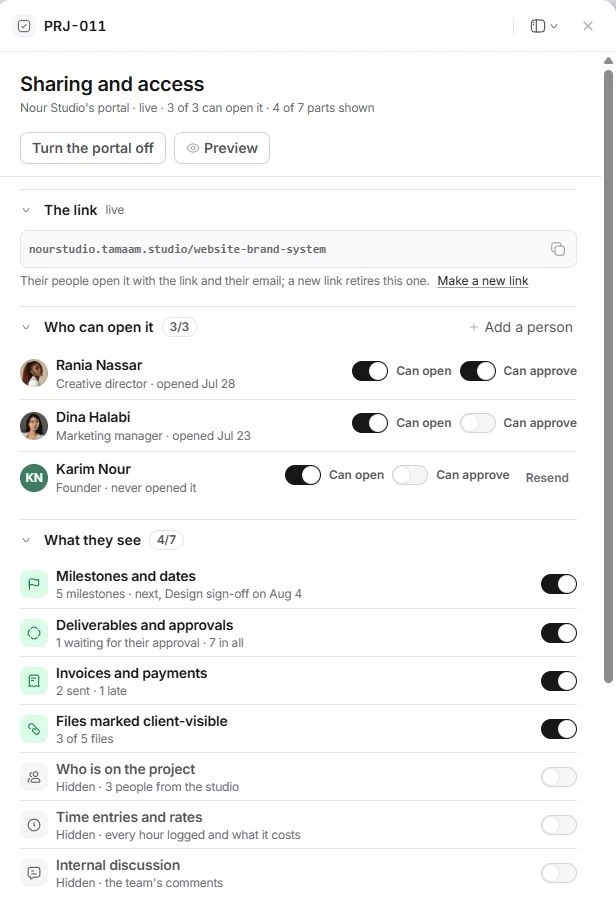 Sharing and access drawer with client access and visible portal sections