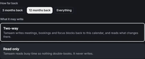 Calendar scope with history range and two-way or read-only permissions