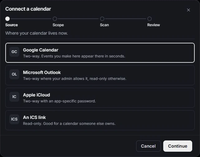 Calendar connection source chooser with the four review steps