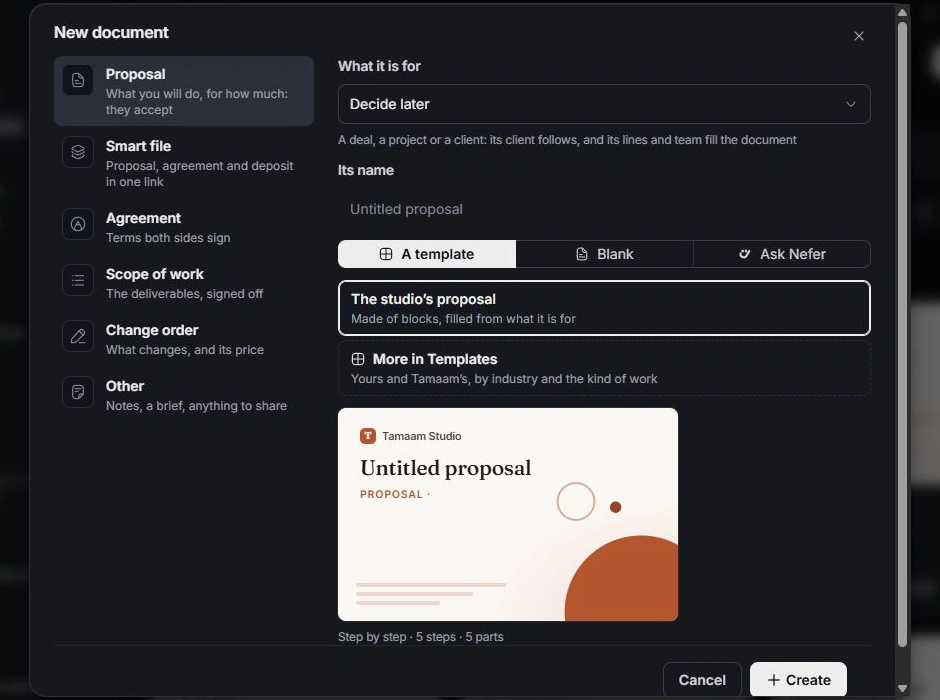 New document dialog with document kinds, context and starting material