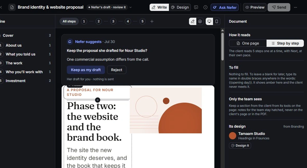 Document editor with outline, content blocks and review inspector