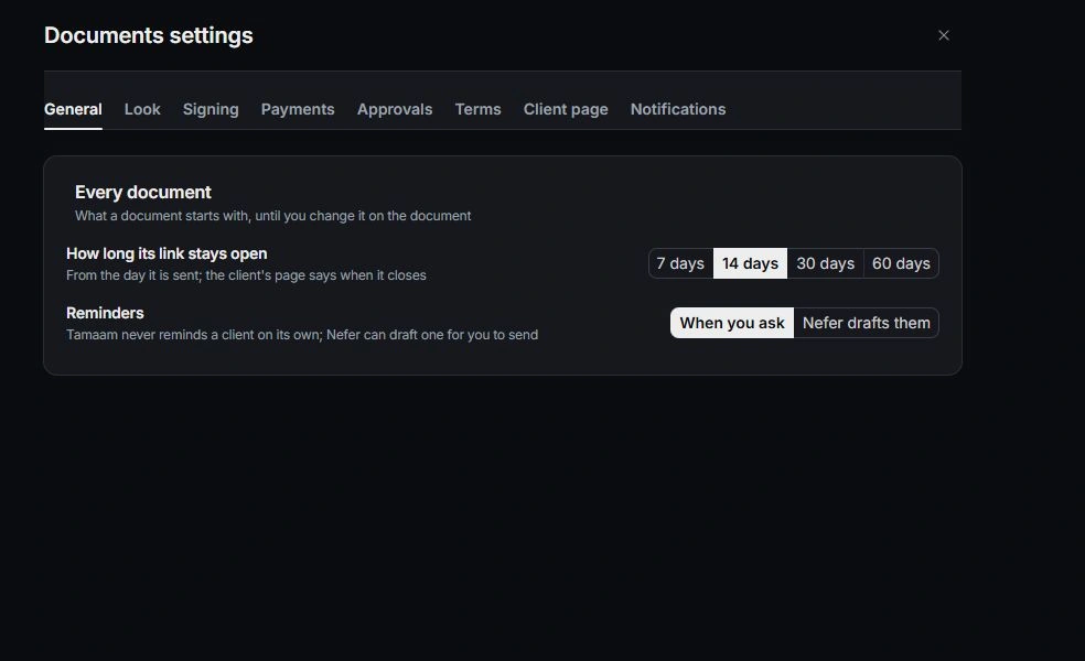 Documents settings with General, Look, Signing, Payments, Approvals and Terms tabs