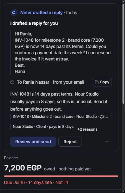 Invoice context panel with draft follow-up, balance and payment history